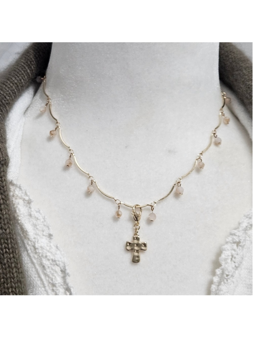 Women's Unbranded Gold Tone Cross Necklace Earring Setwith Beige Beads, One Size